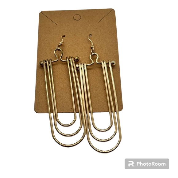 Gold Tone Nested Curve Wire Earrings Gear head Statement Dangle Pierced - Picture 5 of 7